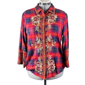 NWT Tru Luxe Jeans Western Rose-Embroidered Red Blue Plaid Western Shirt Size M
